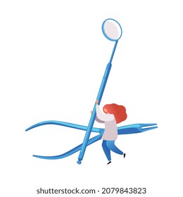 Medical center flat composition with small character of dental doctor with equipment vector illustration