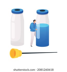 Medical center flat composition with small character of patient with vaccine jars and syringe needle vector illustration