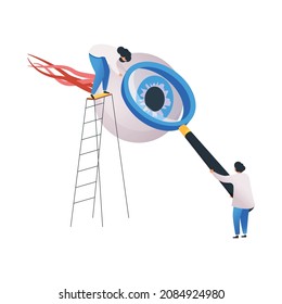 Medical center flat composition with small characters of doctors with magnifying glass touching human eye vector illustration