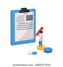 Medical center flat composition with small character of doctor with pills and papers on pad vector illustration