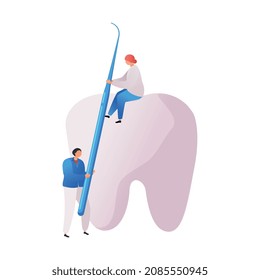 Composición plana del centro médico con pequeños personajes de médicos dentales tocando la ilustración del vector dental humano