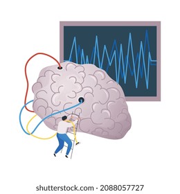Composición plana del centro médico con pequeño carácter de médico con sensores de computadora tocando la ilustración del vector cerebral humano