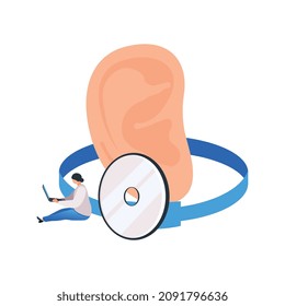Composición plana del centro médico con pequeño carácter médico e ilustración del vector del oído humano