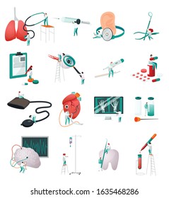 Medical center flat recolor collection with isolated icons of doctors tools healthcare supplies and human organs vector illustration