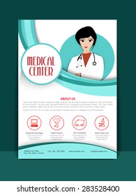 Medical Center Flyer Or Brochure Layout With Illustration Of A Young Female Doctor.