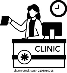 Medical Center Front Desk Concept, Office Admin Holding Reports Vector Icon Design, Medical and Healthcare Scene Symbol, Disease Diagnostic Sign, Doctor and Patient Characters Stock Illustration