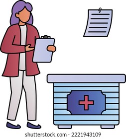 Medical Center Front Desk Concept, Office Admin Holding Reports Vector Color Icon Design, Medical And Healthcare Scene Symbol, Disease Diagnostic Sign, Doctor And Patient Characters Stock Illustration