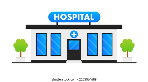 Medical center front view. Hospital building. Modern hospital building, healthcare system and medical facility with all departments. City construction. Hospital. Medical centre. Vector illustration