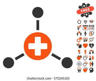 Medical Center icon with bonus decorative symbols. Vector illustration style is flat rounded iconic orange and gray symbols on white background.