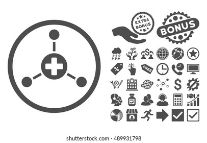 Medical Center icon with bonus design elements. Vector illustration style is flat iconic symbols, gray color, white background.