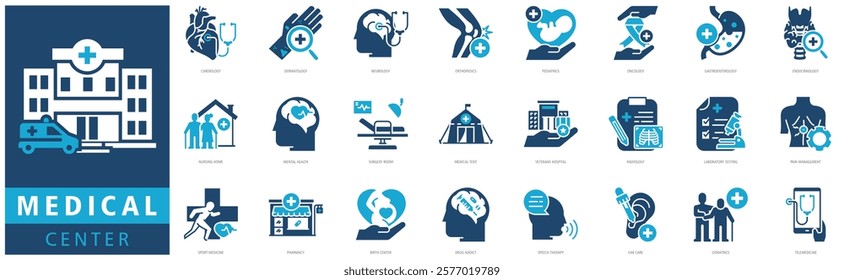MEDICAL CENTER ICON SET with cardiology, dermatology, neurology, orthopedics, pediatrics, oncology, gastroenterology, endocrinology, hospital, nursing home and mental health
