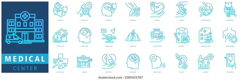 MEDICAL CENTER ICON SET with cardiology, dermatology, neurology, orthopedics, pediatrics, oncology, gastroenterology, endocrinology, hospital, nursing home and mental health
