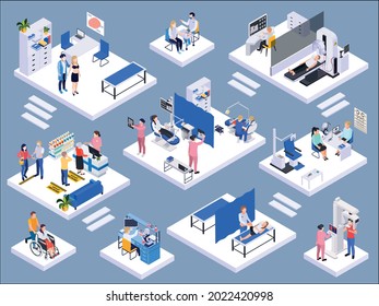 Medical center interior isometric composition with dentist mri pharmacy ophthalmologist laboratory tests xray 3d isolated vector illustration