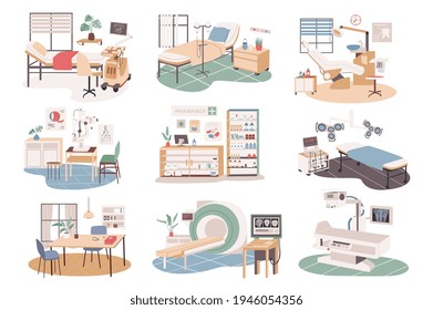 Medical Center isolated scenes set. Cabinets of therapist, ophthalmologist, dunstit. Therapy ward, mri, x-ray, pharmacy. Bundle of modern interiors. Vector illustration in flat cartoon for web design