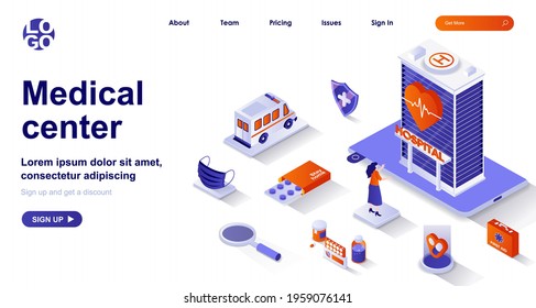 Medical center isometric landing page. Healthcare and medical services isometry concept. Hospital, ambulance, therapy patients 3d web banner. Vector illustration with people characters in flat design