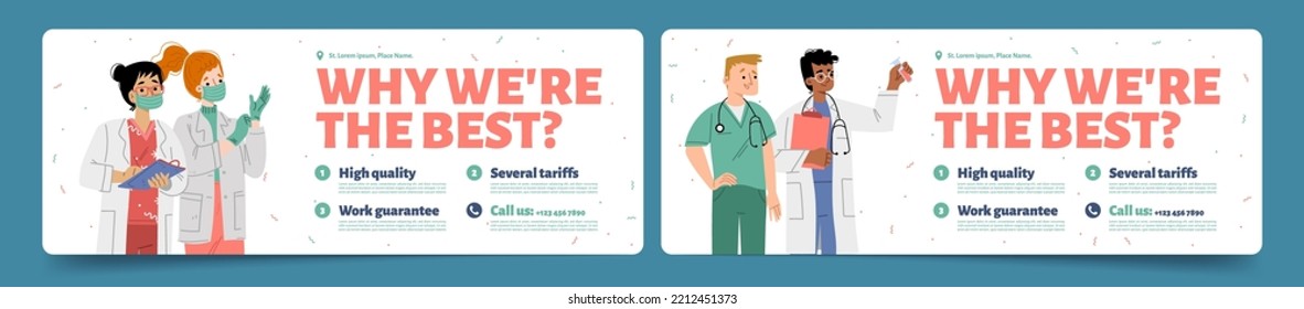 Medical center or lab promo flyer template set. Flat vector illustration of nurses and doctors in protective masks, gloves, scrubs on white background. Space for text. Professional healthcare services