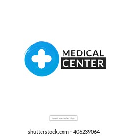 Medical center logo design template. Round blue icon with white cross. Clinic, pharmaceutics , hospital, pharmacy  emblem layout.  Vector illustration. 