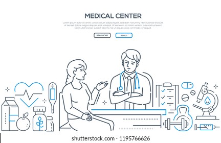 Medical center - modern line design style banner on white background with copy space for text. A woman, patient consulting with a doctor, therapist. Images of microscope, syringe. Healthcare concept