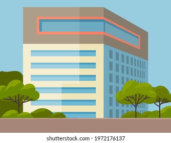 Medical center on urban background, nice park with trees. Blue sky, clouds around hospital. Clinic with ambulance. Healthcare and emergency concept. Modern medical clinic in nature landscape