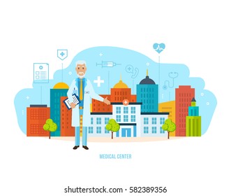 Medical center point for patients, laboratory, doctor, research, a modern health care system. Vector illustration isolated on white background. Can be used in banner, mobile app, design.