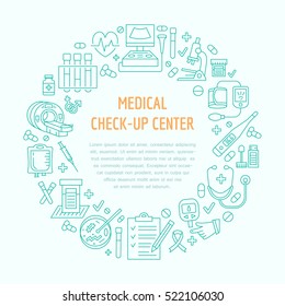 Medical Center Poster Template. Vector Line Icon, Illustration Of Health Check Up. Equipment - Mri, Cardiogram, Doctor, Ultrasound, Blood Test.