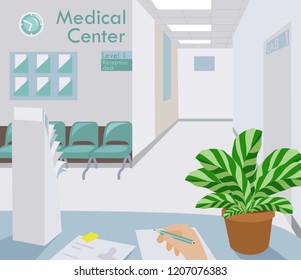 medical center reception desk concept, cartoon flat design, vector illustration of a nurse at the reception desk filling out paperwork