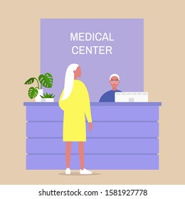 Medical center reception desk, young female character waiting for a doctor appointment, healthcare and lifestyle