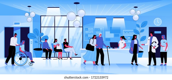 Ilustración vectorial plana de recepción del centro médico. Hombres y mujeres esperando en fila, doctor hablando con pacientes personajes de caricatura. Interior de la sala de espera del hospital. Concepto de salud y medicina