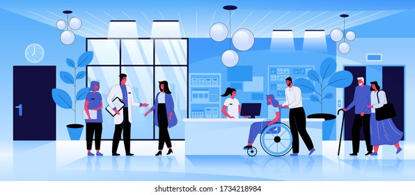 Medical center reception flat vector illustration. Men and women waiting in line, doctor speaking with patients cartoon characters. Hospital waiting room interior. Healthcare and medicine concept