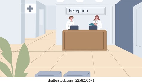 Medical center reception with two assistant or administrators in white coats. Hospital lounge zone, healthcare building vector interior