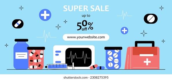 Medical center sale banner. Medicines and pills, cardiogram. Advertising poster or banner, marketing. Discounts and promotions in pharmacy for painkillers. Doodle flat vector illustration