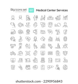 El centro médico presta servicios de iconos lineales establecidos. Atención primaria de la salud. Atención urgente. Consultoría hospitalaria. Símbolos de línea delgada personalizables. Ilustraciones aisladas del contorno vectorial. Trazo editable