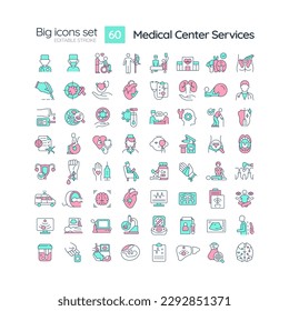 Medical center services RGB color icons set. Primary healthcare. Urgent care. Hospital consultancy. Isolated vector illustrations. Simple filled line drawings collection. Editable stroke