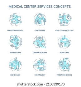 Medical center services turquoise concept icons set. Professional patient care idea thin line color illustrations. Isolated symbols. Editable stroke. Roboto-Medium, Myriad Pro-Bold fonts used