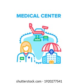 Concepto de icono del vector del centro médico. Edificio Del Centro Médico Y Doctora Mujer, Presidenta De Ginecología En El Gabinete Del Hospital. Clínica De Servicios Médicos, Examen De Salud E Ilustración De Color Del Tratamiento