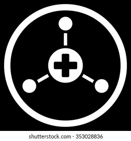 Medical Center vector icon. Style is flat circled symbol, white color, rounded angles, black background.