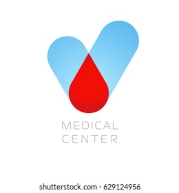 Medical Center Vector Sign On Check And Blood Drop Icon. Medical Clinic Logo