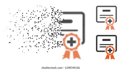 Medical certificate icon in dissolved, pixelated halftone and undamaged solid versions. Particles are arranged into vector dispersed medical certificate icon.