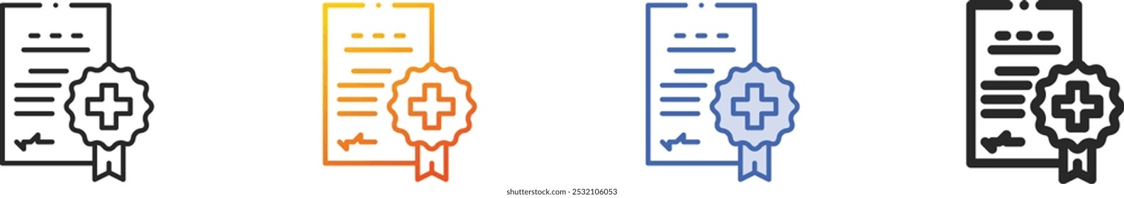 icono de certificado médico. Diseño lineal delgado, degradado, trazo azul y estilo audaz aislado sobre fondo blanco