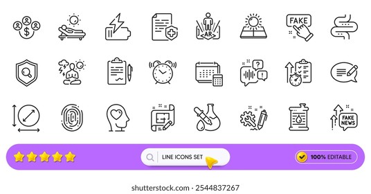 Medical certificate, Intestine and Alarm clock line icons for web app. Pack of Engineering, Augmented reality, Sun energy pictogram icons. Timer, Architect plan, Lounger signs. Search bar. Vector