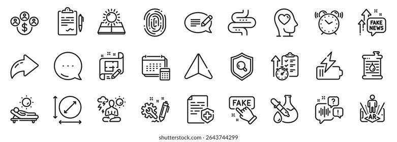 Medical certificate, Intestine and Alarm clock line icons pack. Share, Message, Paper plane icons. Engineering, Augmented reality, Sun energy web icon. Timer, Architect plan, Lounger pictogram. Vector