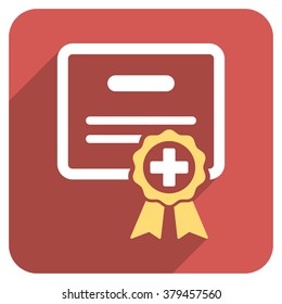 Medical Certificate long shadow vector icon. Style is a light flat symbol on a red rounded square button.