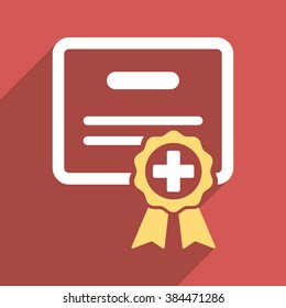 Medical Certificate long shadow vector icon. Style is a light flat symbol on a red square button.