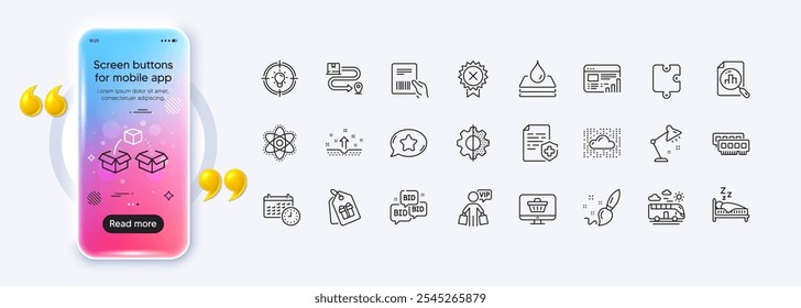 Medical certificate, Parcel invoice and Analytics graph line icons for web app. Phone mockup gradient screen. Pack of Reject medal, Chemistry atom, Delivery service pictogram icons. Vector