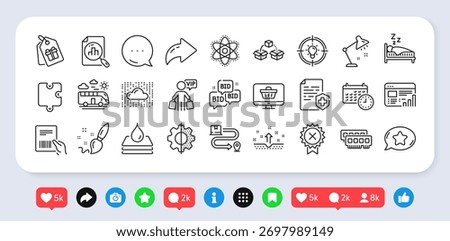 Medical certificate, Parcel invoice and Analytics graph line icons pack. Social media: share, comment, like icons. Reject medal, Chemistry atom, Delivery service web icon. Vector