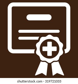 Medical Certificate vector icon. Style is flat symbol, white color, rounded angles, brown background.