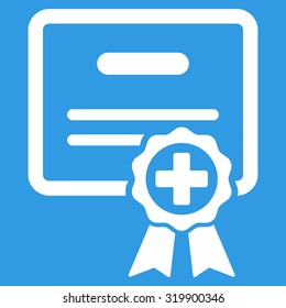 Medical Certificate vector icon. Style is flat symbol, white color, rounded angles, blue background.