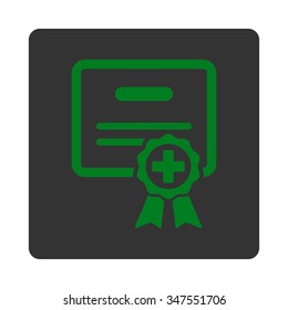 Medical Certificate vector icon. Style is flat rounded square button, green and gray colors, white background.