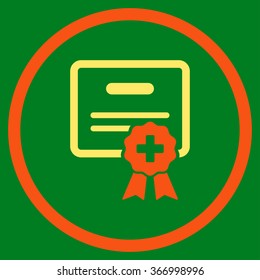 Medical Certificate vector icon. Style is bicolor flat circled symbol, orange and yellow colors, rounded angles, green background.