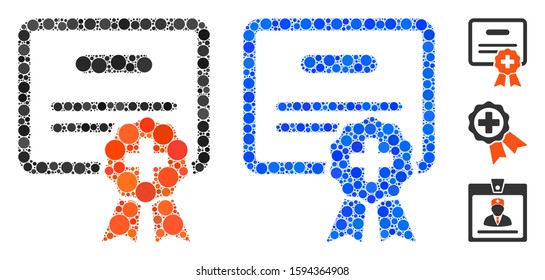 Medical certification mosaic of small circles in various sizes and shades, based on medical certification icon. Vector small circles are composed into blue illustration.